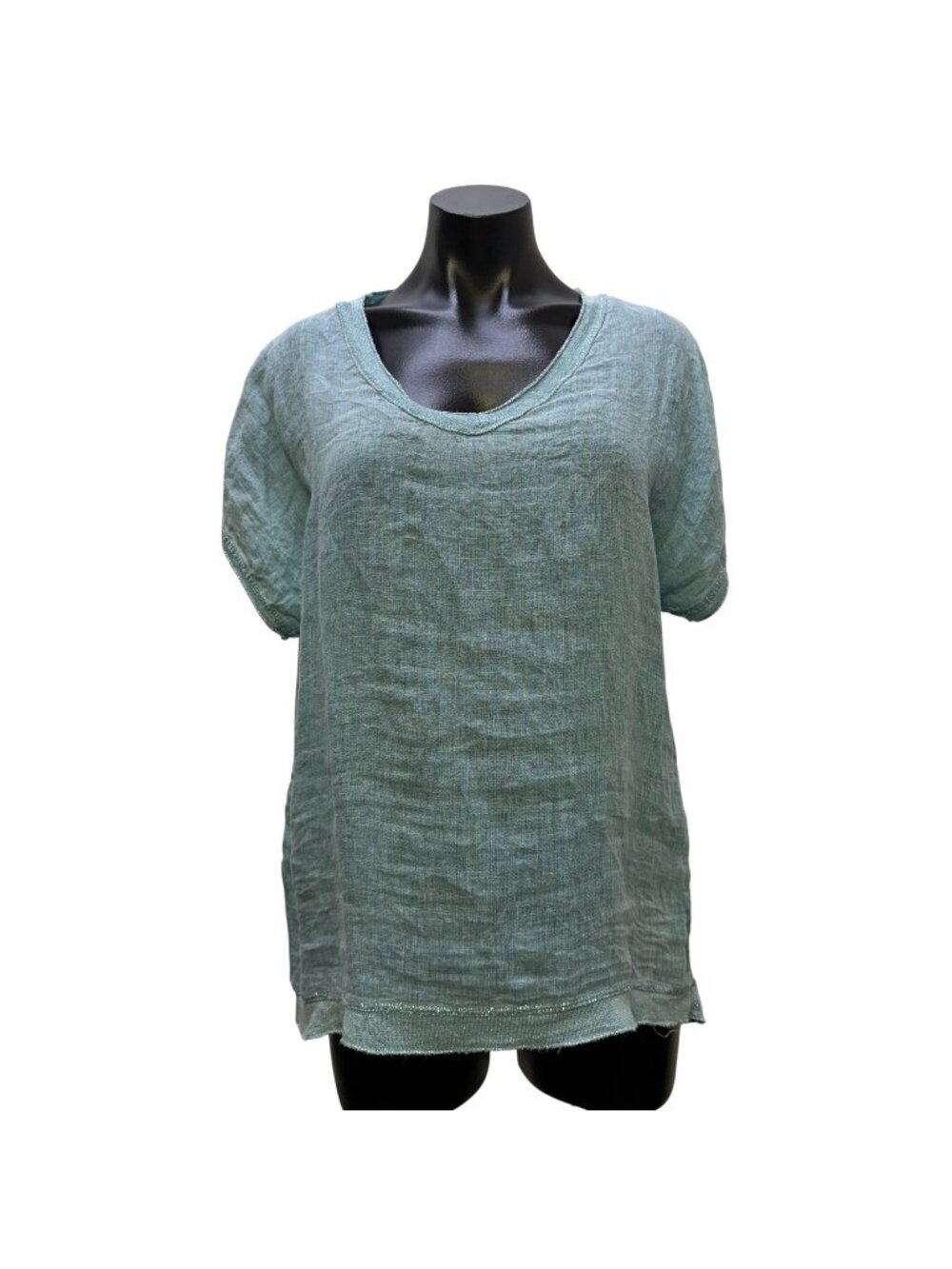 Tempo Paris Blue Linen Blouse V-Neck Short Sleeve S